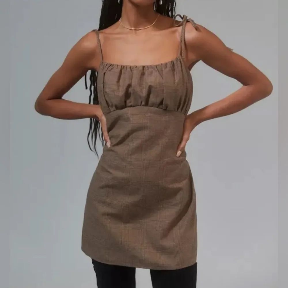 Urban Renewal Remnants Brown Plaid Ruched Mini Dress Urban Outfitters SZ L